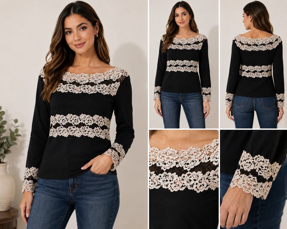 Black Lace Trim Top Women's Long Sleeve Floral Lace Blouse Romantic Chic